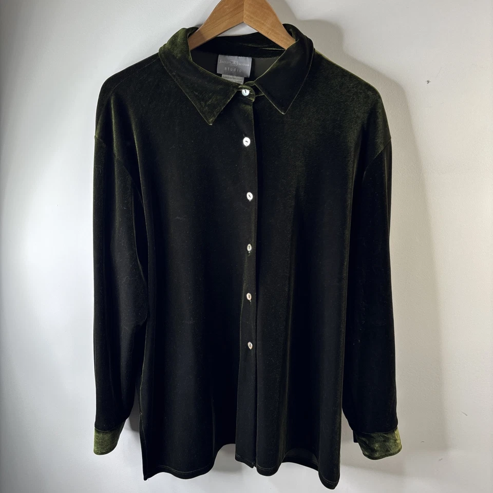 Camisa De Colección Jaclyn Smith Studio Terciopelo Terciopelo Abotonada Para Mujer Talla XL Verde EE. UU. Foto 3 de 4
