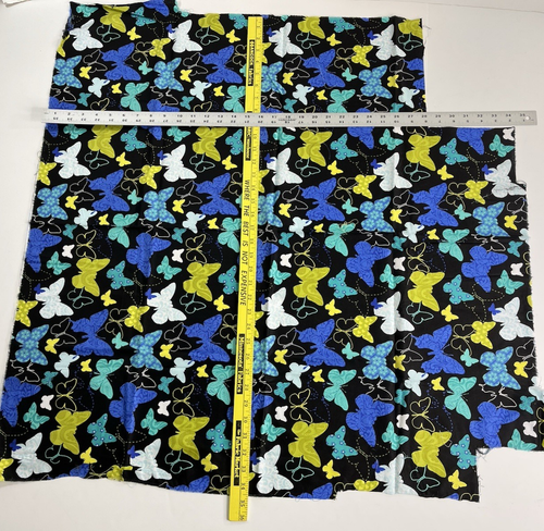 Blue Yellow White Butterflies on Black Fabric 34" x 28" Cotton Remnant - Picture 3 of 3
