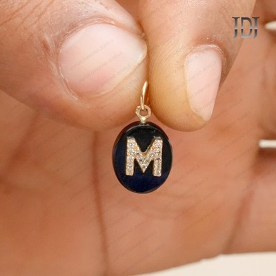Solid 14k Yellow Gold Natural Diamond M Initial Onyx Gemstone Gift Charm Pendant