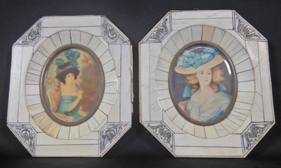 Pair / 2 Antique Miniature Original Portraits, Piano Key Frames, 1800s, Signed