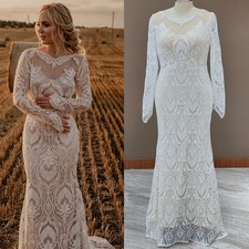 Vintage Boho Wedding Dresses Boat Neck Long Sleeves Lace Appliques Bridal Gowns