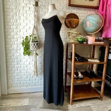 Vintage 90s Y2K Cache Silk Chiffon Cowl Neck Gown Metallic Flower Jewel Straps