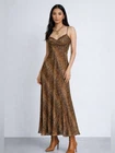 Lanes Vintage Animal Print Slip Dress Sz 38 / 4 Brown Satin Maxi Snakeskin Y2K