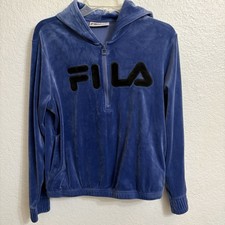 FILA Women's Blue Velour Hooded Half Zip Logo Pullover Hoodie Size M