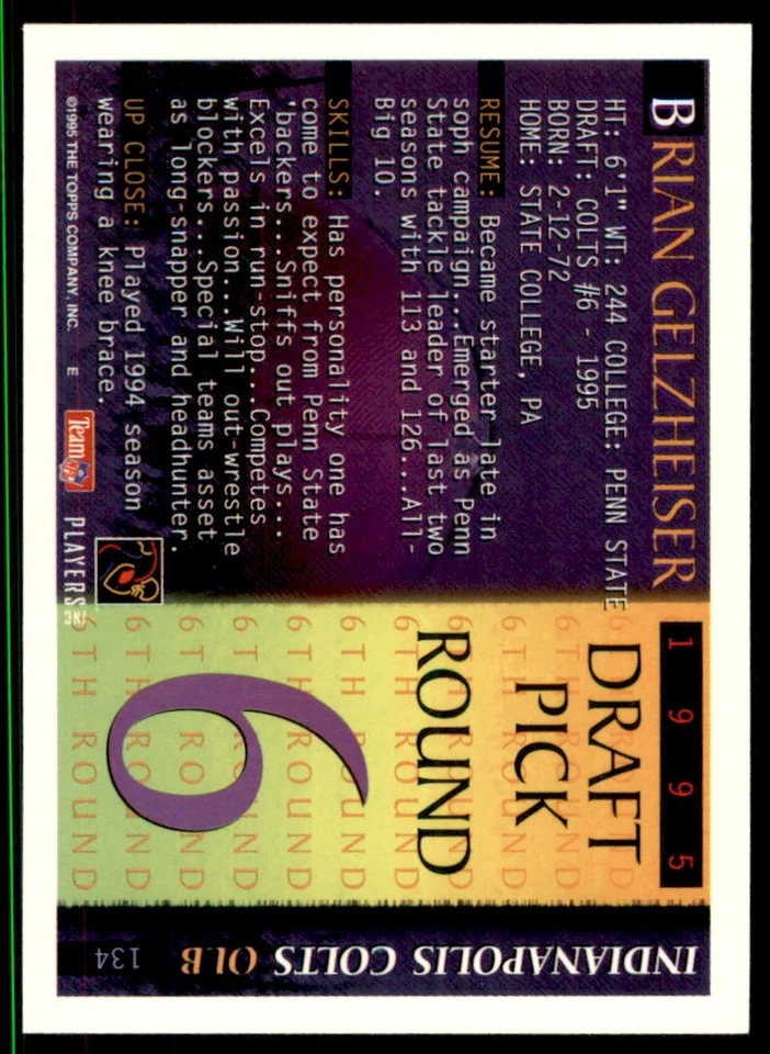 1995 Bowman Brian Gelzheiser RC Indianapolis Colts #134 - Image 2 of 2