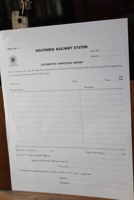 Vintage Southern Railway Formular 1059 Lok Inspektionsbericht