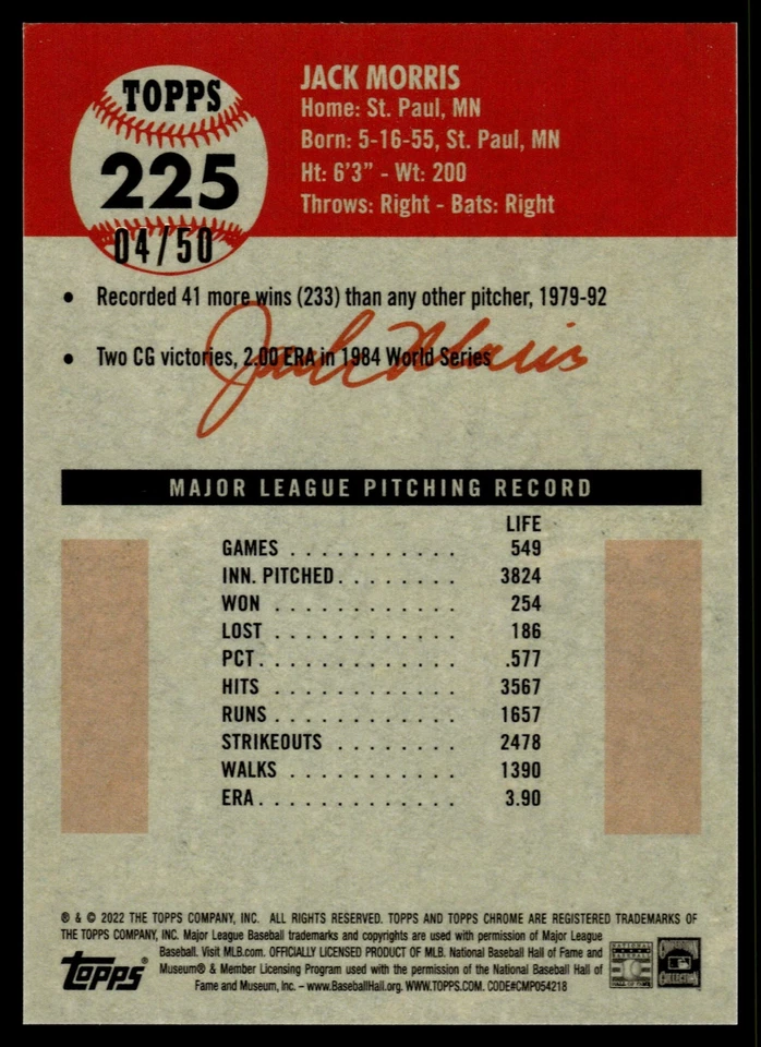 2022 Topps Chrome Platinum Anniversary JACK MORRIS GOLD WAVE REFRACTOR 4/50 #225 - Image 2 of 2
