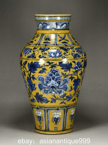14.4" Yuan Dynastie Blau weiß Porzellanblume 8 Glückliche Symbol Flasche Vase