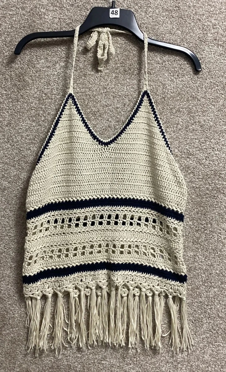 Love Marks Top Shirt Womens Medium Open Knit Tank top Beige Fringe Acrylic Beach