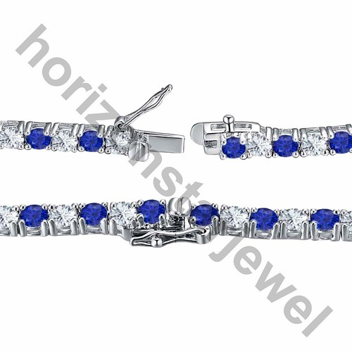 38 CTW Blue Sapphire & Diamond 14K White Gold Plated 4mm Tennis Wedding Necklace - Picture 4 of 6
