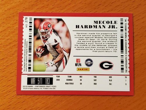 2019 Contenders Draft #278 Mecole Hardman Georgia Chiefs Rookie Auto Lot E - Afbeelding 2 van 2