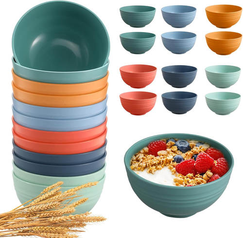 12 Pcs Unbreakable Cereal Bowls Set, 26 Oz Wheat Straw Bowls Set, Microwave & Di