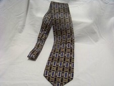 Manhattan Blue/Black/Gold/Beige Rectangle Shapes Made in USA 100% Silk Neck Tie