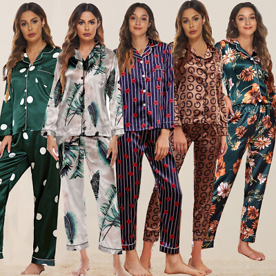 Ladies Printed Button Up Long Sleeve Pyjama Set Satin Silk
