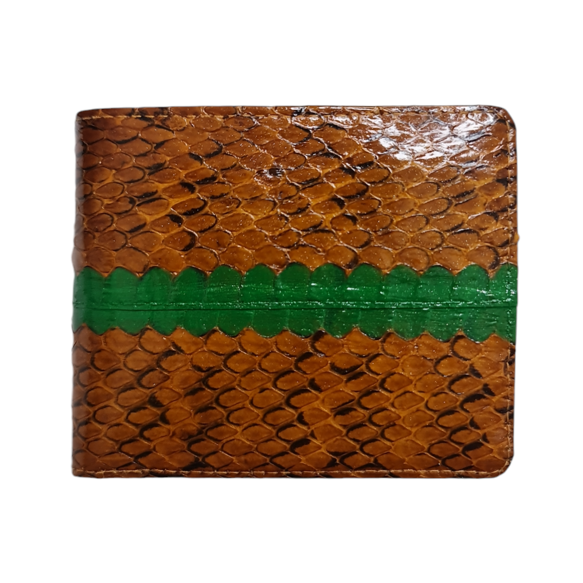 Genuine Cobra Snake Bifold Mens Wallet Caramel Brown Green Lines