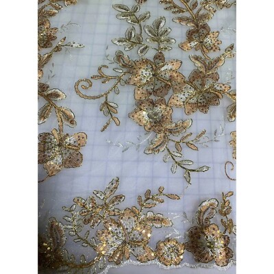 Copper & Pale Gold Floral Sequin Embroidered Tulle Lace Fabric