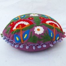 Indian Ethnic Floral Cotton Suzani Embroidery Round Cushion Covers 16"