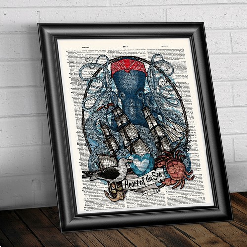 OCTOPUS ILLUSTRATION SEASIDE NAUTICAL ART PRINT Blue Home Decor Bathroom - Picture 3 of 4