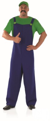 Mens Adult Luigi Fancy Dress Green Plumbers Mate Mario Halloween Costume, Large