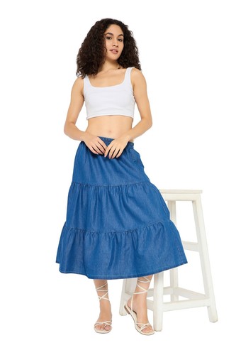 Women's Denim Midi Skirt A-Line Elastic Waist Swing Casual Blue jeans Maxi Dress - Picture 7 of 8