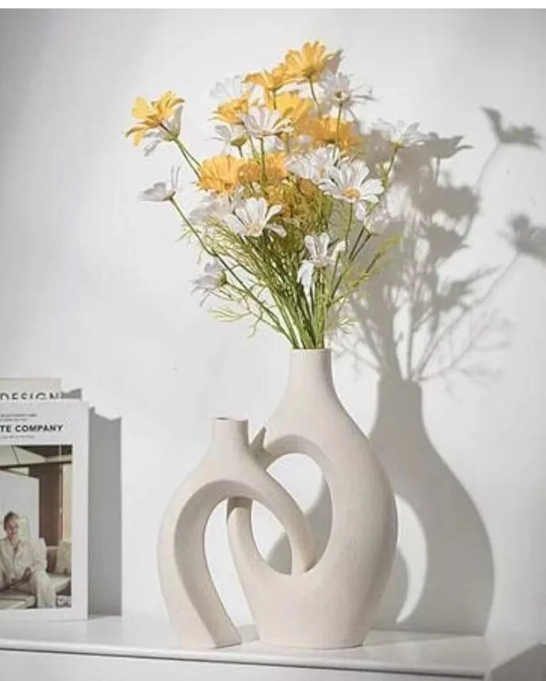 (S7J) Juego de 2 jarrones de cerámica beige XL para decoración moderna del hogar, entrada ecléctica Foto 3 de 4