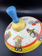 Vintage 1950s Ohio Art Tin Toy Spinner - Blue Handle Circus Metal Spinning Top