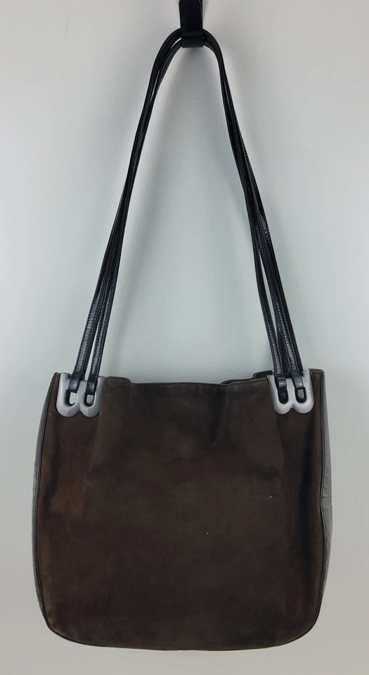 Vintage Bally Suede Patent Shoulder Handbag Purse Brown - Image 2 of 4
