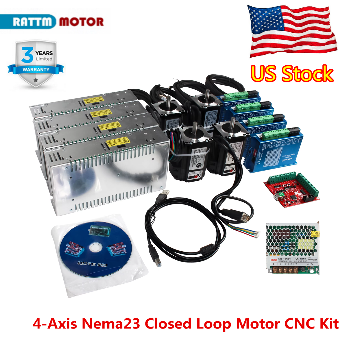 USA】 4 Axis Nema 23 2N.m Closed Loop Motor Driver USB Mach3 CNC