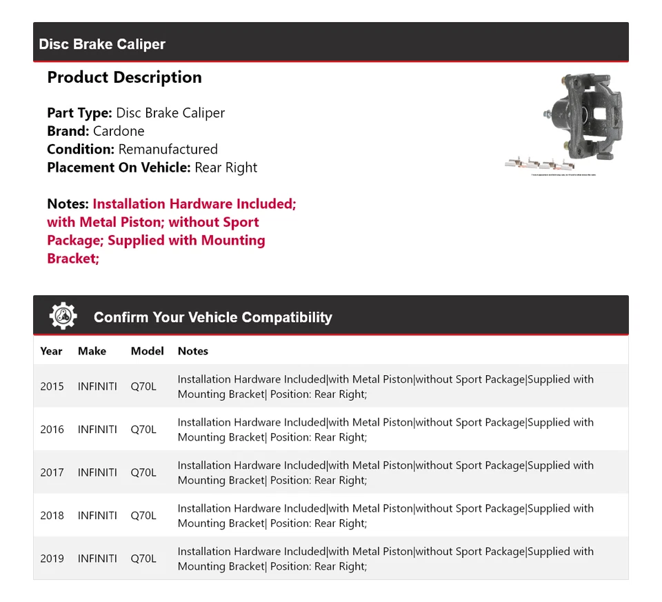 适用于 2015 - 2019 年 INFINITI Q70L 盘式制动卡钳右后 Cardone 2016 2017 2018 — 第 2/4 张图片