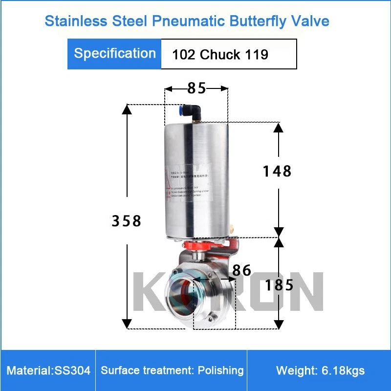 4'' Sanitary Pneumatic Butterfly Valve SS304L Clamp OD 119mm Single Acting - Image 2 of 4