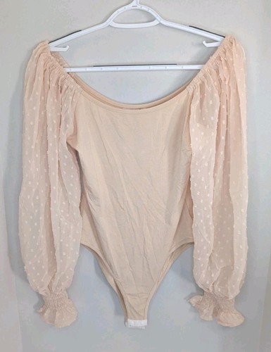 Bodysuit Women Large Scoop Neck Swiss Dot Puff Long Sleeve Slim Fit Beige Size S - 第 3/9 張圖片