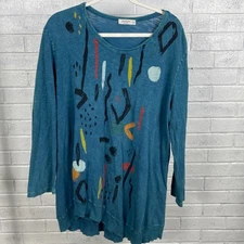 Jess & Jane Abstract Art Asymmetric Tunic Top Teal Womens Size 1X Lagenlook Boho