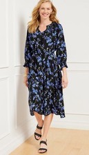 Talbots Floral Print Smocked Midi Dress A Line 3/4 Sleeves Blue Black Size Small