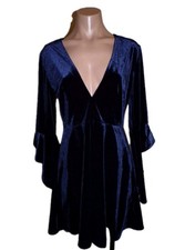 NEW Very J Navy Blue Velvet Velour Dress Medium Deep V-Neck Cascading Sleeve NWT