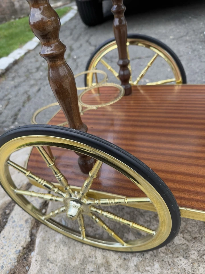 Carro de bar/postre hoja caída de dos niveles de marquetería italiana vintage años 70 Foto 4 de 4