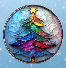 Colorful Christmas Tree Faux Stained Glass WINDOW CLING Size 8" Round Vinyl