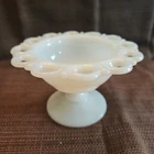 Vintage Anchor Hocking Milk Glass Lace Edge Pedestal Candy Dish Compote 5” Wide