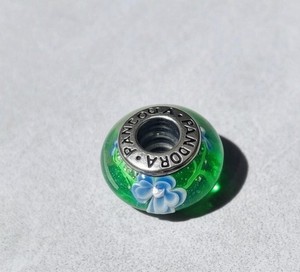 Pandora Green Glitter Murano Glass Charm with Blue Floral Flowers 925 Silver 