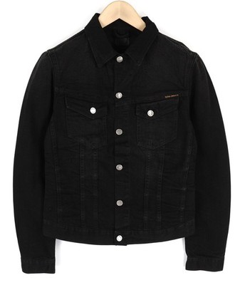 NUDIE JEANS Billy Herren S Dark Shist Denim Spread Button Schwarz Taschen Jacke *