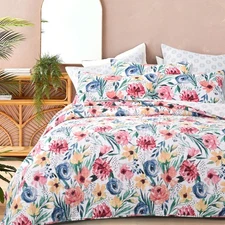King Quilt Set 3-Piece Bedspread Reversible Quilted Bedding 100% Cotton Cover...