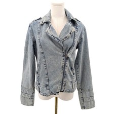 Denim Moto Jacket Light Wash Fitted Zip Front Cropped Women's Size L Y2K