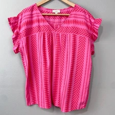 LOFT Outlet Pink Chevron Print Short Sleeve Blouse Top Size L Maximalist Boho