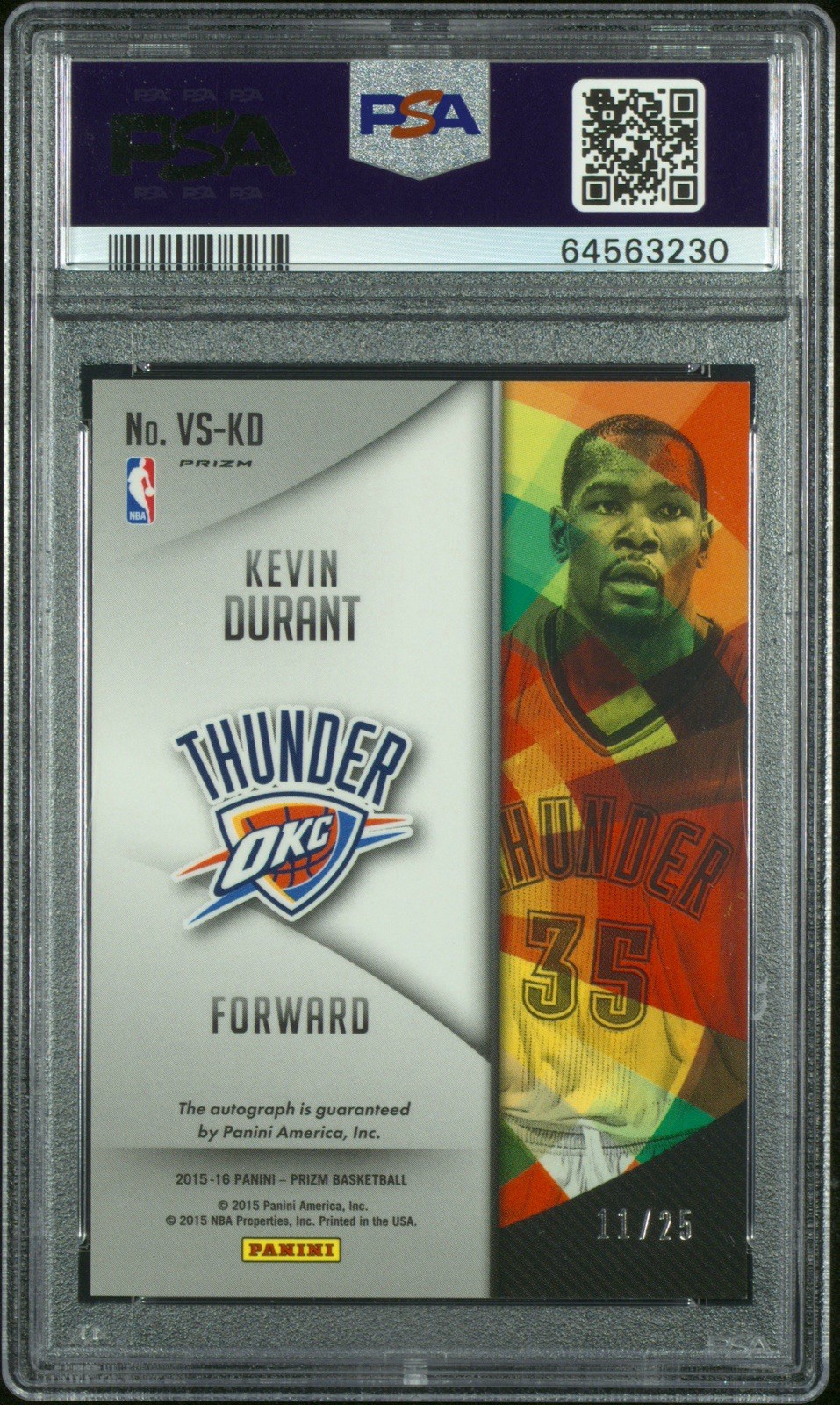 2015-16 Panini Prizm Vet Signatures Kevin Durant #VS-KD Silver /25 Auto PSA 9 view 2