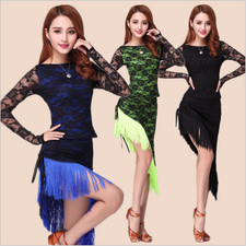 Women Show Stage Performance Lace Tassel Latin Dance Costume Top Skirt 4 Colors