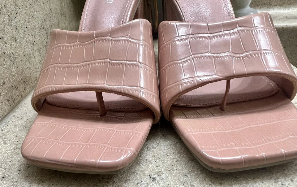 Womens Open Toe Square Mules Sandals Flip Flop Slip On Chunky Block High Heel 38 - Image 2 of 4