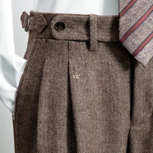 Retro Men's Tweed Herringbone Pants Woolen Casual Business Trousers Slim Fit UK - Picture 7 of 23
