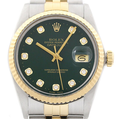 Rolex Datejust 18K Gold & SS Green Diamond Dial Jubilee Band Watch 16013