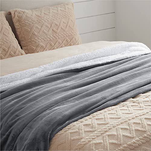 Sherpa Fleece Bettdecken Queen Size - dick flauschig warm weich groß 90x90 grau - Bild 5 von 7