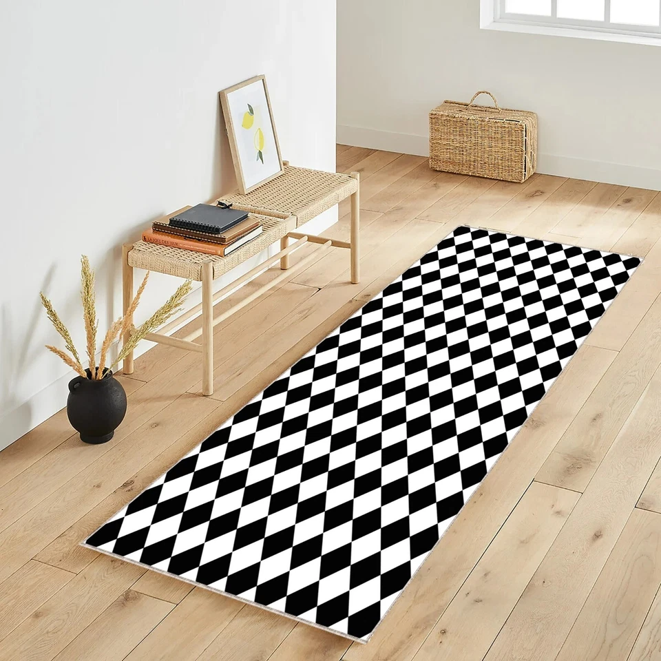 Alfombra de corredor moderna estampada, antideslizante, elegante y duradera alfombra de pasillo, a cuadros Foto 3 de 4