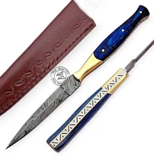 Handmade Damascus Steel Fixed Dual Blade Boot Knife FullTang With Leather Sheath